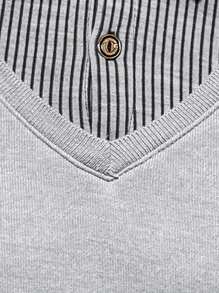 Calvornis 男士条纹拼接长袖衬衫领保暖休闲毛衣，秋冬款 - 灰色 - 查看 4