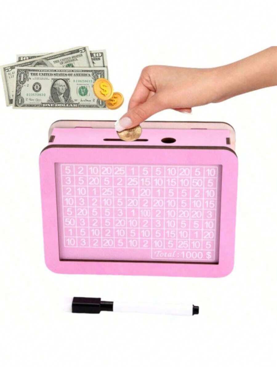 1个美元欧元标志存钱罐DIY粉色和蓝色木制存钱罐，带可擦拭保护膜，可重复使用和书写。适用于硬币和纸币、储蓄计划、男孩和女孩的礼物、返校万圣节装饰、学校用品 - 彩色 - 查看 1