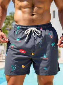 Manfinity Swimmode Shorts casuales de hombre con cintura con cordón y estampado para la playa