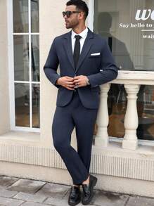 Manfinity Mode 2 pezzi Completo casual uomo, giacca blazer a manica lunga e pantaloni, taglie grandi - Blu reale - Visualizzare 6