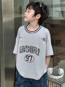 Dazy Kids Camiseta de manga corta de corte suelto informal con estampado de letra para niños preadolescentes, para el verano - Gris - Ver 2