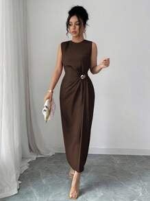 Selianne 女士优雅商务休闲太阳裙，纯色圆领收腰，金色金属扣装饰，无袖中长款，适合工作、度假、下午茶、春夏季 - 咖啡棕 - 查看 6