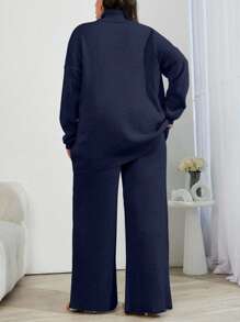 EURMUSE 2 Stücke Pullover mit hohem Ausschnitt und Dropped-Shoulder-Ärmeln und gerippte einfarbige Pullover-Hose