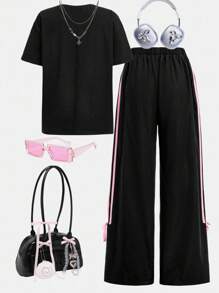 Girlism Teen Girls Streetwear T-Shirt And Sweatpants Co-Ord Set With Letter Print Style Y2k Outfits Y2k Tween Outfit Girl Outfit Set Butterfly Graphic Tee Outfit Black And Pink Outfit