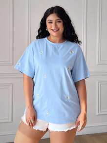 SHEIN EZwear Áo thun ngắn tay cỡ lớn, thêu hoa cúc xanh dương, thích hợp cho kỳ nghỉ biển, mùa xuân hè. - Màu xanh lam - Xem 4