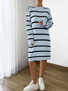 SHEIN Cottnline Women Striped Knit Design Knit Dress With Pocket And Button Details,Petite - Blue - View 4