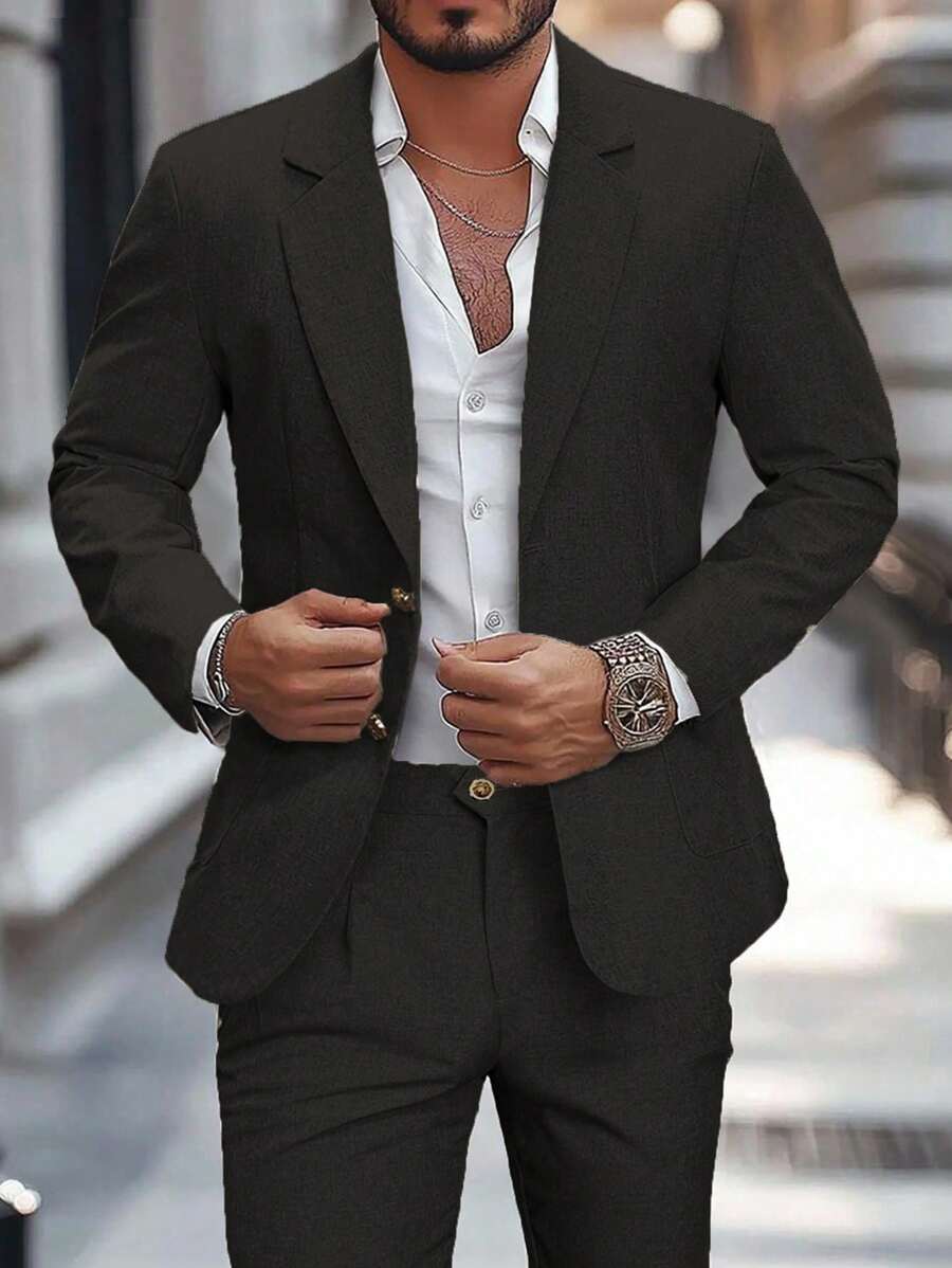 Calvornis Bộ vest công sở nam màu trơn một hàng khuy dài tay và quần dài - màu đen - Xem 1