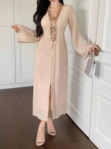 DAZY Casual Loose Splicing Flare Sleeve Long Dress For Women,Fall Dress Long Sleeve Dress - Pink - View 5