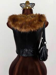 Amplova Women's Vintage Edgy Runway V-Neck Fluffy Cropped Jacket With Asymmetric Hem PU Leather In Fall/Winter - Multicolor - View 2