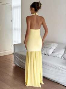 Siren Gaze Đầm suông hở lưng màu trơn thanh lịch cho nữ - Màu vàng - Xem 6