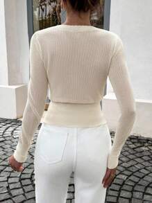 Siren Gaze 杏色镂空花朵羊毛长袖收腰开衩羊毛上衣老款返校教师装女装冬装女装花卉提花针织圆领长袖单排扣白色开衫