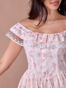 Enchnt Summer Romantic Women's Apricot Floral Hollow Embroidered&Print Lace Off-Shoulder Sleeveless Cute Princess Mini Dress - Multicolor - View 2