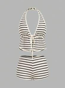 SHEIN PETITE Elegant Cute Striped Bow Print Simple Commuting & Home Office Versatile Shirt And Straight Leg Pants Set,Summer Sets