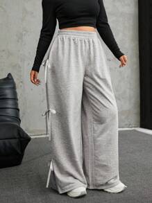 SHEIN EZwear Quần nỉ thể thao thường ngày rộng rãi có nơ trang trí cho nữ cỡ lớn - Xám - Xem 5