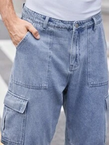 Manfinity VCAY Pantalones vaqueros cargo de pierna ancha con bolsa de solapa para hombres