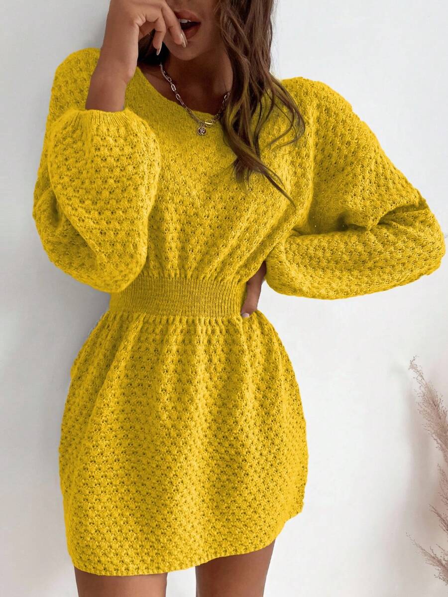 SHEIN LUNE Vestido casual de punto de cuello redondo, hombros caídos, manga larga y cintura ajustada de unicolor para mujer - Amarillo - Ver 1