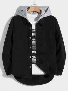SHEIN Chaqueta de mezclilla negra con capucha de punto de contraste para niño adolescente, de uso diario y vuelta al colegio, suave para uso diario, verano y primavera, festival rave y playa, otoño y vuelta al colegio, estilo old money, ropa de calle y punk, invierno - Negro - Ver 1