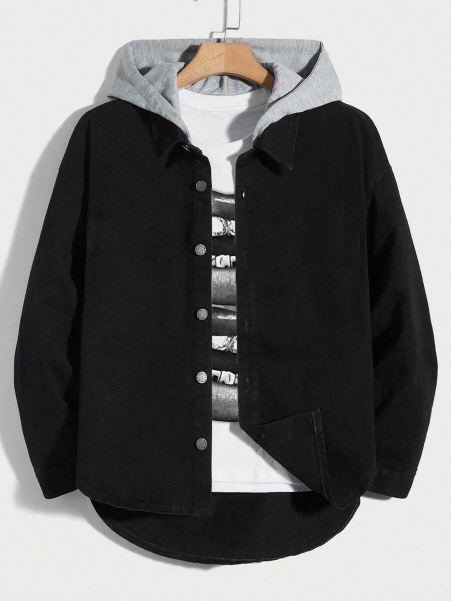 SHEIN Chaqueta de mezclilla negra con capucha de punto de contraste para niño adolescente, de uso diario y vuelta al colegio, suave para uso diario, verano y primavera, festival rave y playa, otoño y vuelta al colegio, estilo old money, ropa de calle y punk, invierno - Negro - Ver 1
