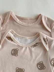 Loomiva 2pcs/Set Baby Boy Cartoon Bear Pattern Knit Soft Crew Neck Short Sleeve Bodysuit - Multicolor - View 5