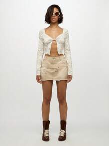 SUMWON WOMEN Western Style Deconstructed Tiered Denim Mini Skirt Raw Edge Hem Distressed Design Paneled Multiple Pockets Festival Spring Summer Casual High Waist Everyday Staple - Khaki - View 3