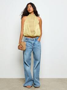 AiiRZ Áo crop top cổ yếm màu vàng ánh kim, dự tiệc tối, mặc trong các dịp lễ hội, mùa hè, áo cánh không tay có chi tiết xếp nếp cổ cao - màu xanh lá - Xem 3