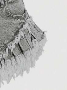 Sweetra 女式口袋磨边宽松休闲牛仔短裤 - 淺灰色 - 查看 3