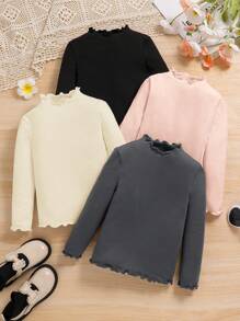 SHEIN 4件套青少年女孩休闲罗纹荷叶边下摆长袖修身T恤