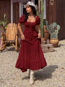 SHEIN EZwear 女士度假纯色前系带褶皱休闲连衣裙 - 酒紅色 - 查看 9