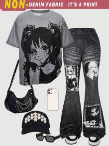 少女休闲卡通动漫女孩印花短袖上衣和裤子两件套 - 灰色 - 查看 1