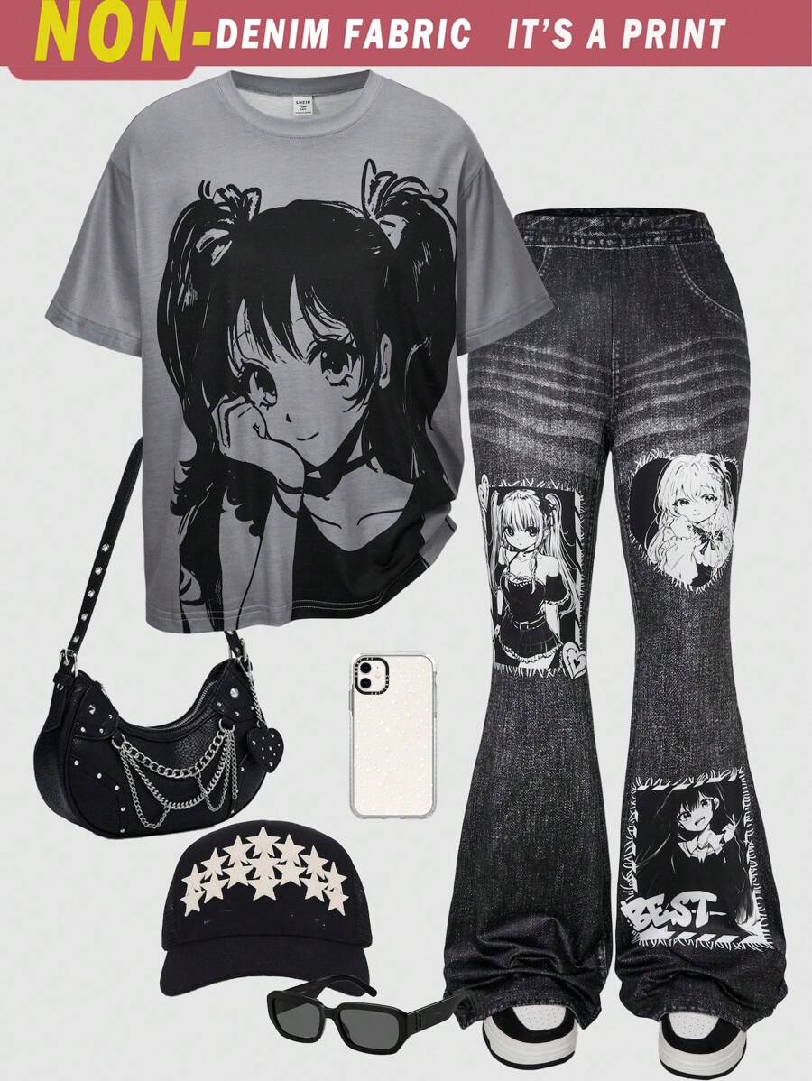 少女休闲卡通动漫女孩印花短袖上衣和裤子两件套 - 灰色 - 查看 1