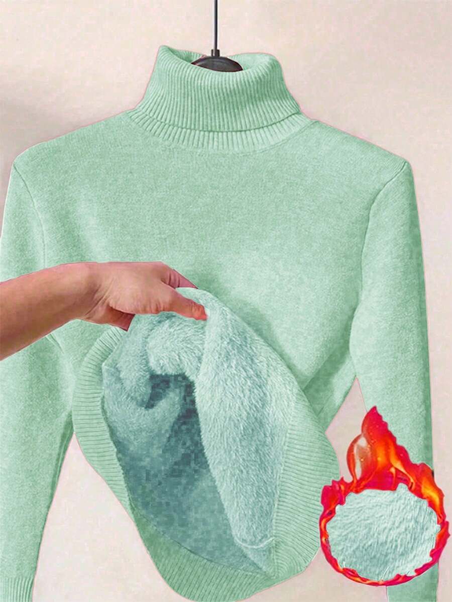 Franclia Áo len dài tay ôm vừa vặn, lót nhiệt cổ cao, thời trang thu đông - Màu xanh Bạc hà - Xem 1