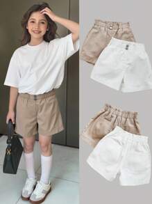 SHEIN 女童卡其色白色荷叶边腰带卷边宽松舒适牛仔短裤两件套，可爱风，适合返校季、秋季儿童休闲舒适穿着，舒适休闲又时尚的度假装 - 彩色 - 查看 2