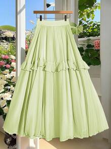 SHEIN Clasi 女士纯色打结腰部荷叶边下摆优雅 A 字裙