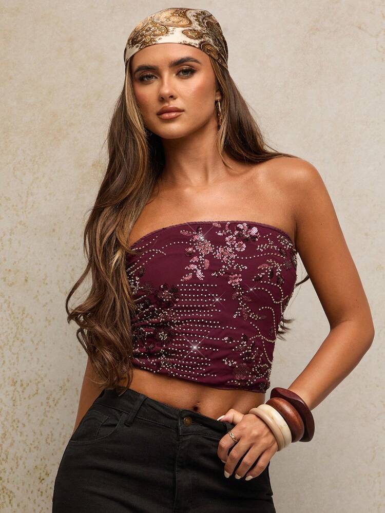 SHEIN BAE Áo ống hở lưng đính hạt sequin màu đỏ rượu vang, thanh lịch và gợi cảm, thích hợp cho các bữa tiệc tối, tiệc hóa trang, đêm hẹn hò, tụ tập câu lạc bộ đêm, trang phục dự tiệc, mùa thu và mùa đông, lễ hội âm nhạc Chicago, hòa nhạc đồng quê, áo Y2k Y2k, Halloween, áo ống, rave, áo sequin, techno, phụ nữ boho, lễ hội rave, câu lạc bộ, phương Tây dành cho phụ nữ, halloween, trang phục halloween - Màu đỏ tím - Xem 8