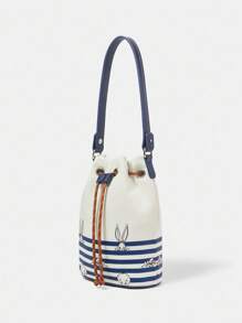LOONEY TUNES X SHEIN 女士休闲通勤卡通兔子条纹印花索环抽绳单肩包 - 彩色 - 查看 4