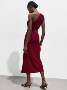 Maija 秋冬不对称领口金属扣装饰修身中长连衣裙，都市通勤商务休闲优雅连衣裙，适合圣诞节、万圣节、派对、婚礼宾客 - 酒紅色 - 查看 3