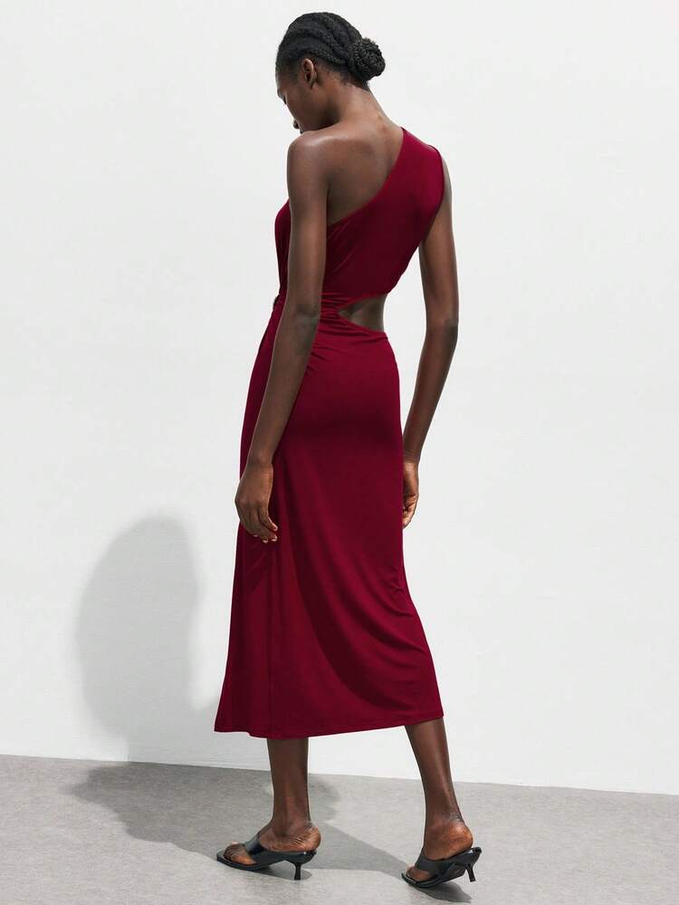 SHEIN Maija Abito aderente di media lunghezza con collo asimmetrico e decorazione fibbia metallica, adatto per l'abbigliamento casual elegante per l'ufficio, ideale per Natale, Ognissanti, feste, matrimoni