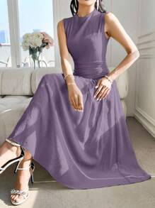 Modelyn Women's Design Sense High Neck Sleeveless Ruched Dress - Purple - View 7