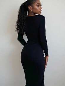 INAWLY 女士纯色简约方领长袖连衣裙，适合日常穿着 - 黑色 - 查看 4