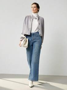 Uhlyne 女士时尚仿麂皮面料基础款 Polo 领拉链短款外套，长袖，适合秋冬季节穿着，简约风格，适合工作、教师、返校季、秋季、中性色、商务休闲等场合，灰色，复古绅士风灰色外套，休闲春季 - 灰色 - 查看 5