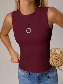 SHEIN Forever 21 Spring & Summer Women Tank Top, For Valentine Day/ Casual/Vintage/Festival/Country Concert/Brunch/Homecoming/Easter/Guest/Tea Party/Basic/Concert Women/Prom /Wedding/Rave Festival/Formal/Western/Cocktail/Club/Spring/Birthday/Cute/Classy/Going Out/Vacation/Office/Airport/2000s Style/Streetwear/Sleeveless Back Hollowed-Out Strap Red - Burgundy - View 5