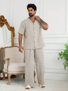 DAZY Khaki Stripe Textured Fabric Men's Pajama Set, Spring/Summer - Khaki - View 4