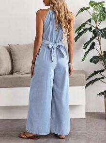 Breezaya 女式褶饰阔腿宽松牛仔连体裤 - 淺色水洗藍 - 查看 2