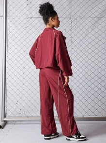SHEIN Sports Bộ đồ thể thao tập luyện dáng rộng tay Raglan và quần cạp rút cho nữ - Màu Đỏ Sâu - Xem 4