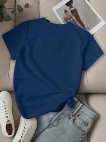 SHEIN Unity Áo thun tay ngắn in chữ Slogan dành cho nữ LOS ANGELES Áo thun họa tiết dành cho nữ - Màu xanh hải quân - Xem 2