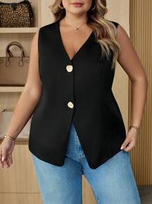 SHEIN CURVE+ Curve 大码/秋装/秋季女装/女士冬装/冬装大码女士休闲简约别致金属扣背心，杏金色纽扣，适合通勤、工作、上学季节、新年 - 黑色 - 查看 5