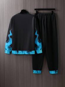 SHEIN 两件套青少年男童休闲舒适百搭火焰印花圆领运动衫和运动裤套装 - 黑色 - 查看 3