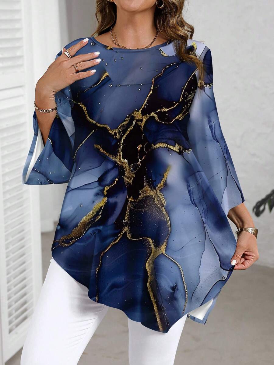 EMERY ROSE Elegant Navy Blue Summer Plus Size Women's Casual Ink Marble Texture Pattern Round Neck Long Sleeve Asymmetrical Blouse, Spring/Autumn Shirt - Multicolor - View 1