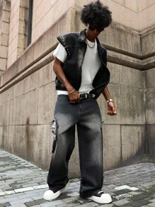 PAVTROS Manfinity Streetrush Men's Black Loose Fit Street Style Denim Vest Jacket - Black - View 5