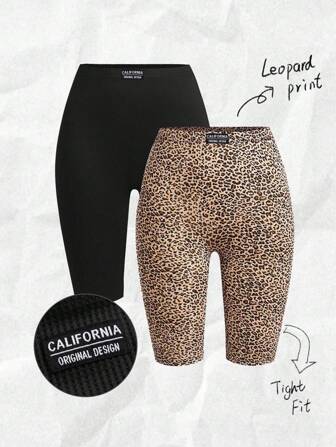 SHEIN EZwear 2 Stück Set Leoparden Muster Strick Stretch Kurze Leggings für Frauen, geeignet für den Sommer